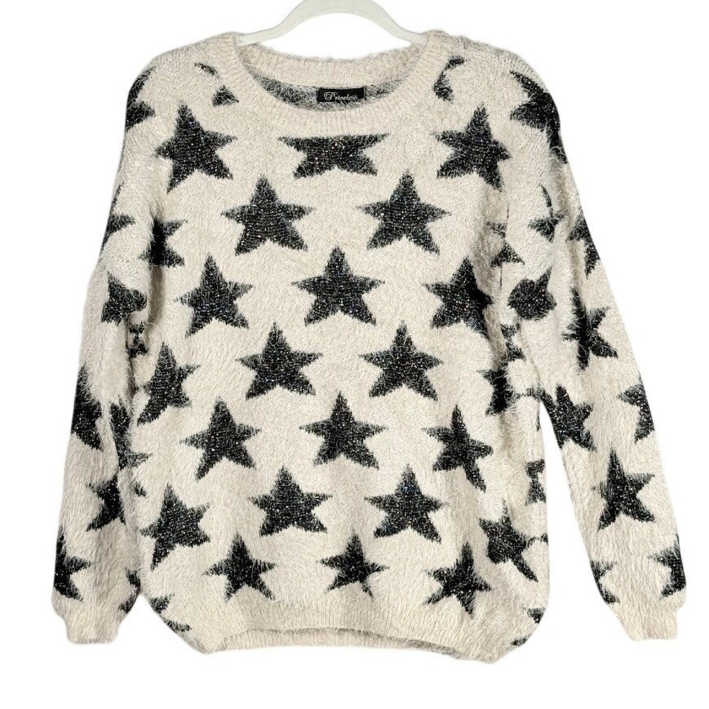 New Womens Whimsigoth Celestial Fuzzy Knit Sweater Metallic Shimmer Ivory Size M